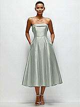 Front View Thumbnail - Willow Green Cuffed Strapless Satin Twill Midi Dress with Full Skirt and Pockets