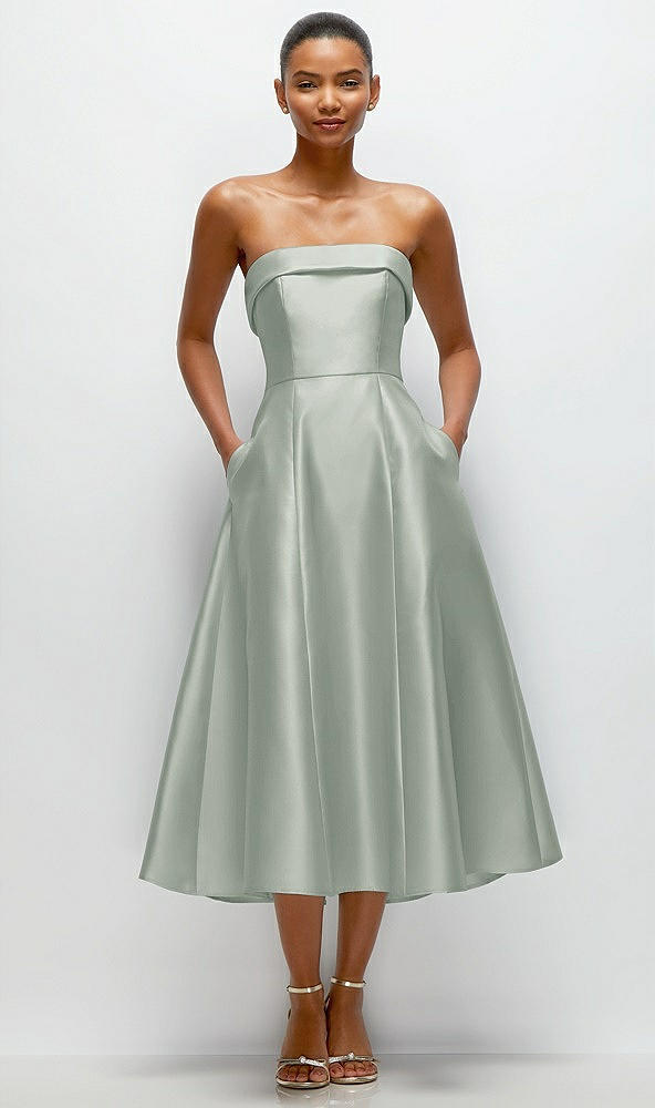 Front View - Willow Green Cuffed Strapless Satin Twill Midi Dress with Full Skirt and Pockets