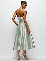 Side View Thumbnail - Willow Green Cuffed Strapless Satin Twill Midi Dress with Full Skirt and Pockets