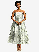 Alt View 1 Thumbnail - Sage Cottage Rose Cuffed Strapless Floral Satin Twill Midi Dress with Full Skirt and Pockets