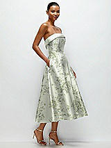 Alt View 3 Thumbnail - Sage Cottage Rose Cuffed Strapless Floral Satin Twill Midi Dress with Full Skirt and Pockets