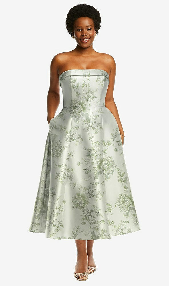 Front View - Sage Cottage Rose Cuffed Strapless Floral Satin Twill Midi Dress with Full Skirt and Pockets