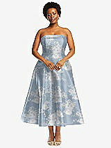 Alt View 1 Thumbnail - Porcelain Blue Seraphina Floral Cuffed Strapless Floral Satin Twill Midi Dress with Full Skirt and Pockets