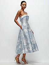 Alt View 3 Thumbnail - Porcelain Blue Seraphina Floral Cuffed Strapless Floral Satin Twill Midi Dress with Full Skirt and Pockets