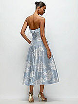 Alt View 4 Thumbnail - Porcelain Blue Seraphina Floral Cuffed Strapless Floral Satin Twill Midi Dress with Full Skirt and Pockets