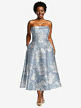 Front View Thumbnail - Porcelain Blue Seraphina Floral Cuffed Strapless Floral Satin Twill Midi Dress with Full Skirt and Pockets