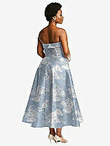 Rear View Thumbnail - Porcelain Blue Seraphina Floral Cuffed Strapless Floral Satin Twill Midi Dress with Full Skirt and Pockets