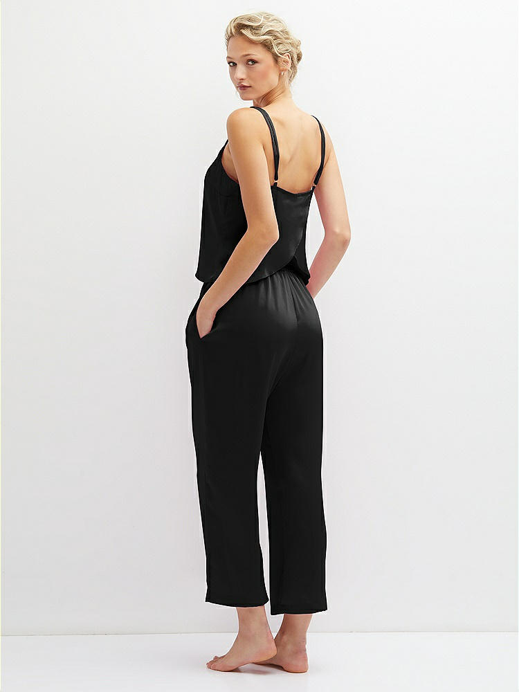 Back View - Black Whisper Satin Wide-Leg Lounge Pants with Pockets