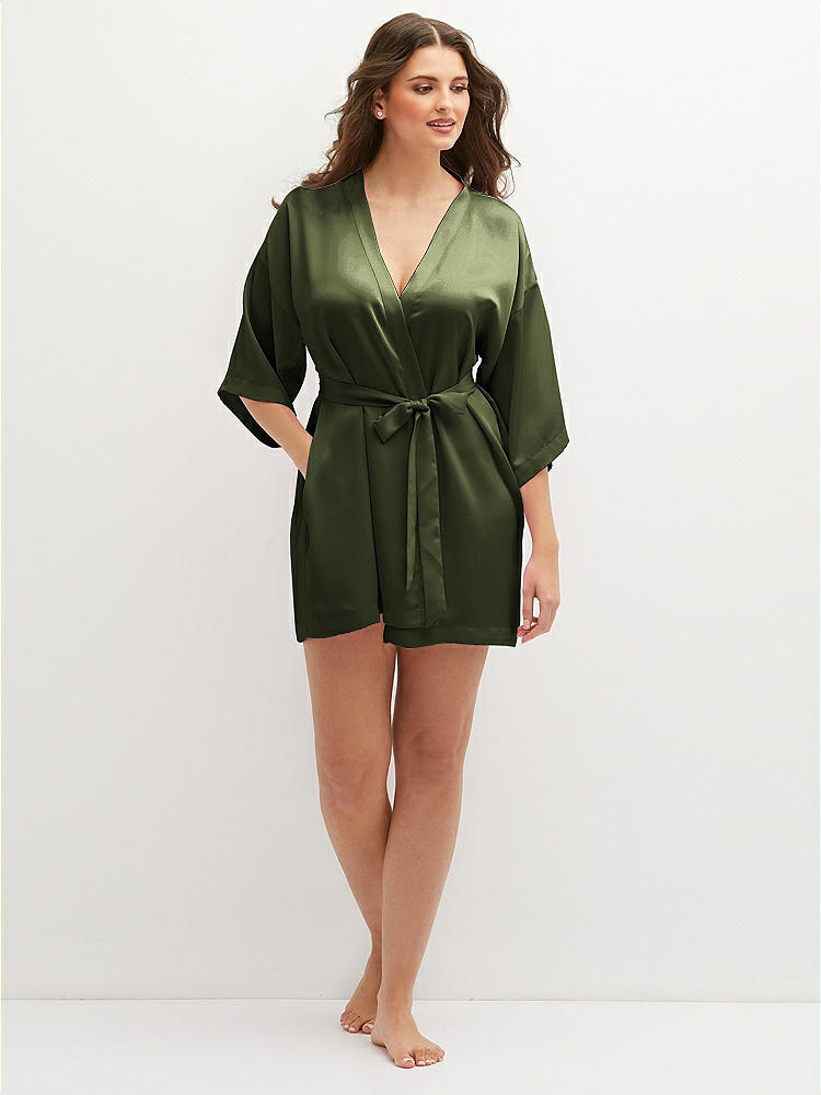 Front View - Olive Green Short Whisper Satin Robe