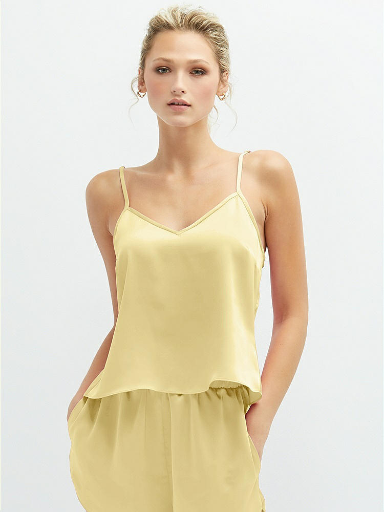 Front View - Pale Yellow Split Back Whisper Satin Cami Top