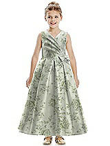 Front View Thumbnail - Sage Cottage Rose Floral Faux Wrap Pleated Skirt Satin Flower Girl Dress with Bow