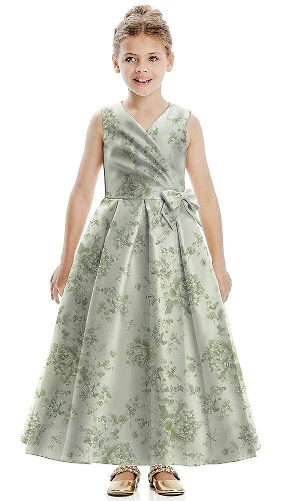 Front View - Sage Cottage Rose Floral Faux Wrap Pleated Skirt Satin Flower Girl Dress with Bow