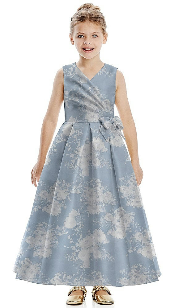 Front View - Porcelain Blue Seraphina Floral Floral Faux Wrap Pleated Skirt Satin Flower Girl Dress with Bow