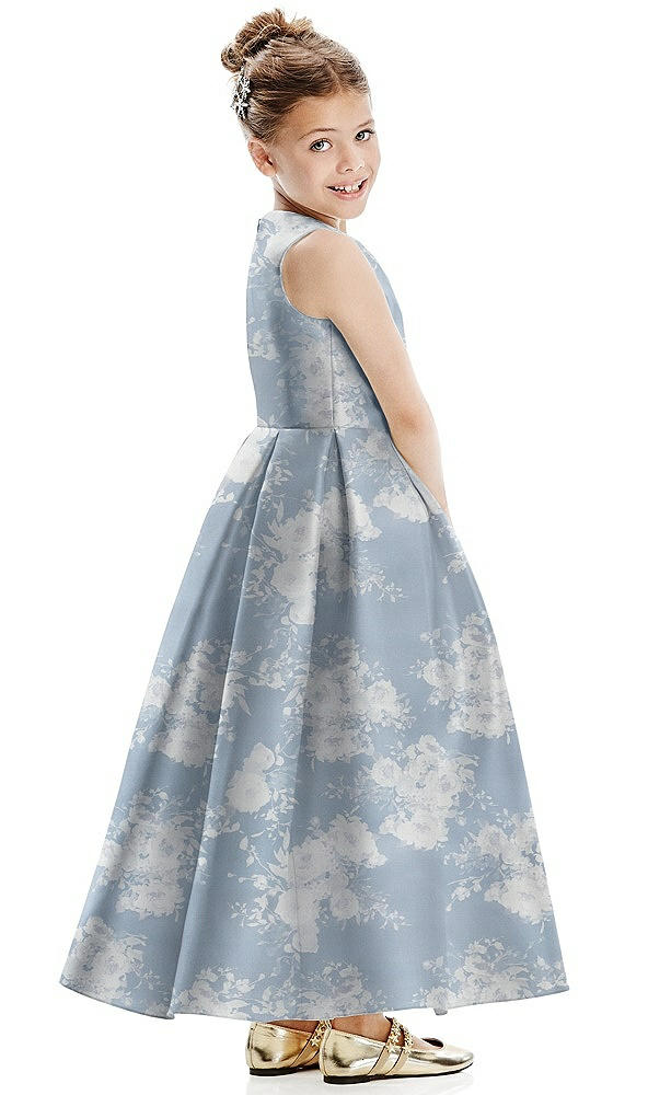 Back View - Porcelain Blue Seraphina Floral Floral Faux Wrap Pleated Skirt Satin Flower Girl Dress with Bow