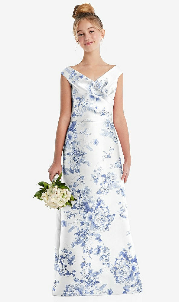 Front View - Cottage Rose Larkspur Floral Off-the-Shoulder Draped Wrap Satin Junior Bridesmaid Dress