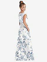 Rear View Thumbnail - Cottage Rose Larkspur Floral Off-the-Shoulder Draped Wrap Satin Junior Bridesmaid Dress