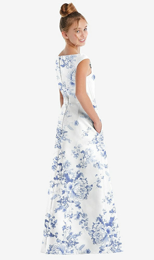 Back View - Cottage Rose Larkspur Floral Off-the-Shoulder Draped Wrap Satin Junior Bridesmaid Dress