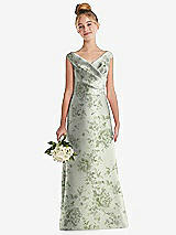 Front View Thumbnail - Sage Cottage Rose Floral Off-the-Shoulder Draped Wrap Satin Junior Bridesmaid Dress