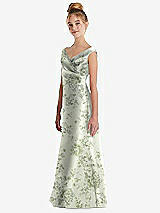 Side View Thumbnail - Sage Cottage Rose Floral Off-the-Shoulder Draped Wrap Satin Junior Bridesmaid Dress