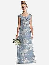 Front View Thumbnail - Porcelain Blue Seraphina Floral Floral Off-the-Shoulder Draped Wrap Satin Junior Bridesmaid Dress