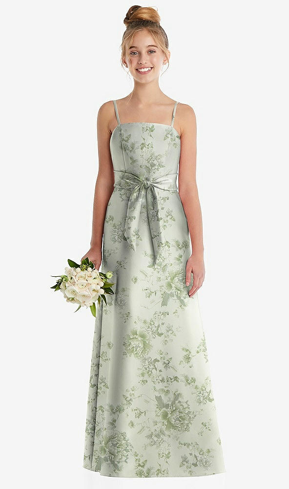 Front View - Sage Cottage Rose Floral A-Line Satin Junior Bridesmaid Dress with Mini Sash