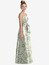 Side View Thumbnail - Sage Cottage Rose Floral A-Line Satin Junior Bridesmaid Dress with Mini Sash