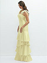 Front View Thumbnail - Butter Yellow Bow-Shoulder Satin Maxi Dress with Asymmetrical Tiered Skirt