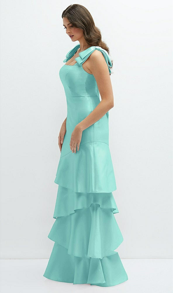 Front View - Coastal Bow-Shoulder Satin Maxi Dress with Asymmetrical Tiered Skirt