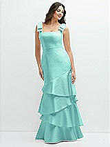 Side View Thumbnail - Coastal Bow-Shoulder Satin Maxi Dress with Asymmetrical Tiered Skirt