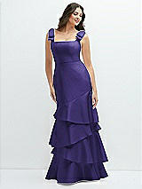 Side View Thumbnail - Grape Bow-Shoulder Satin Maxi Dress with Asymmetrical Tiered Skirt