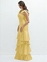 Front View Thumbnail - Maize Bow-Shoulder Satin Maxi Dress with Asymmetrical Tiered Skirt