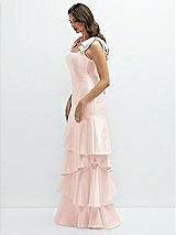 Front View Thumbnail - Blush Bow-Shoulder Satin Maxi Dress with Asymmetrical Tiered Skirt