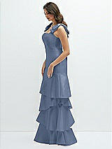 Front View Thumbnail - Larkspur Blue Bow-Shoulder Satin Maxi Dress with Asymmetrical Tiered Skirt