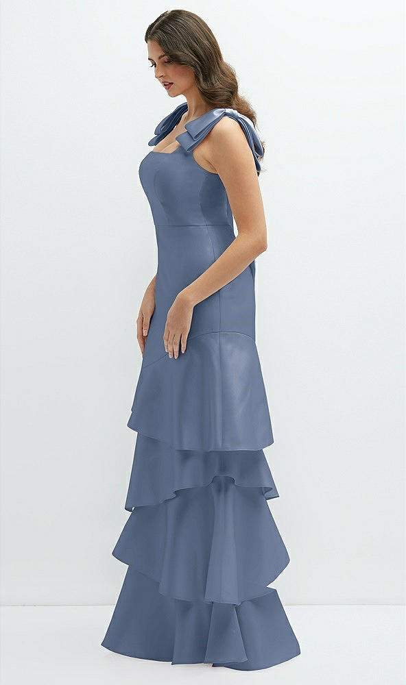 Front View - Larkspur Blue Bow-Shoulder Satin Maxi Dress with Asymmetrical Tiered Skirt