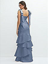 Rear View Thumbnail - Larkspur Blue Bow-Shoulder Satin Maxi Dress with Asymmetrical Tiered Skirt