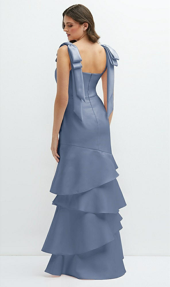 Back View - Larkspur Blue Bow-Shoulder Satin Maxi Dress with Asymmetrical Tiered Skirt