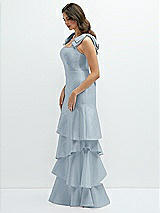 Front View Thumbnail - Mist Bow-Shoulder Satin Maxi Dress with Asymmetrical Tiered Skirt