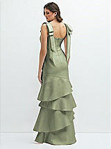 Rear View Thumbnail - Sage Bow-Shoulder Satin Maxi Dress with Asymmetrical Tiered Skirt