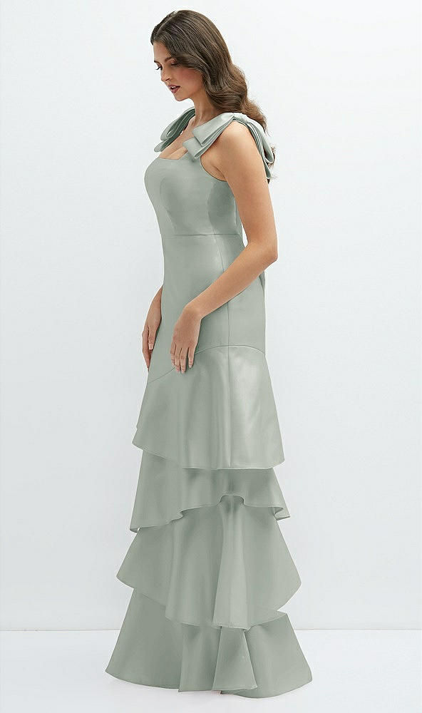 Front View - Willow Green Bow-Shoulder Satin Maxi Dress with Asymmetrical Tiered Skirt