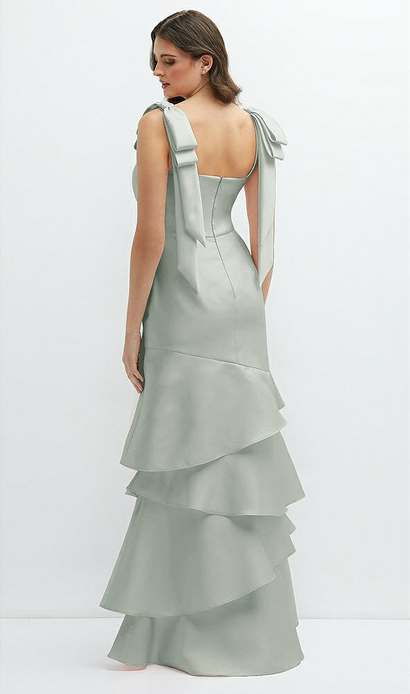 Back View - Willow Green Bow-Shoulder Satin Maxi Dress with Asymmetrical Tiered Skirt