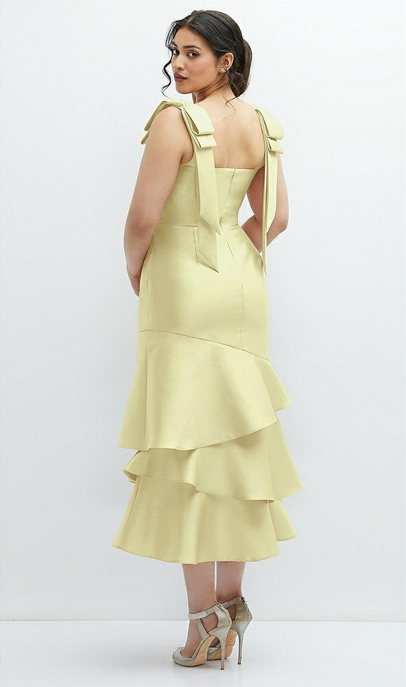 Front View - Butter Yellow Bow-Shoulder Satin Midi Dress with Asymmetrical Tiered Skirt