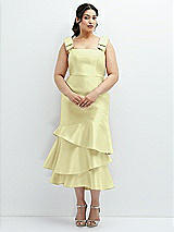 Rear View Thumbnail - Butter Yellow Bow-Shoulder Satin Midi Dress with Asymmetrical Tiered Skirt