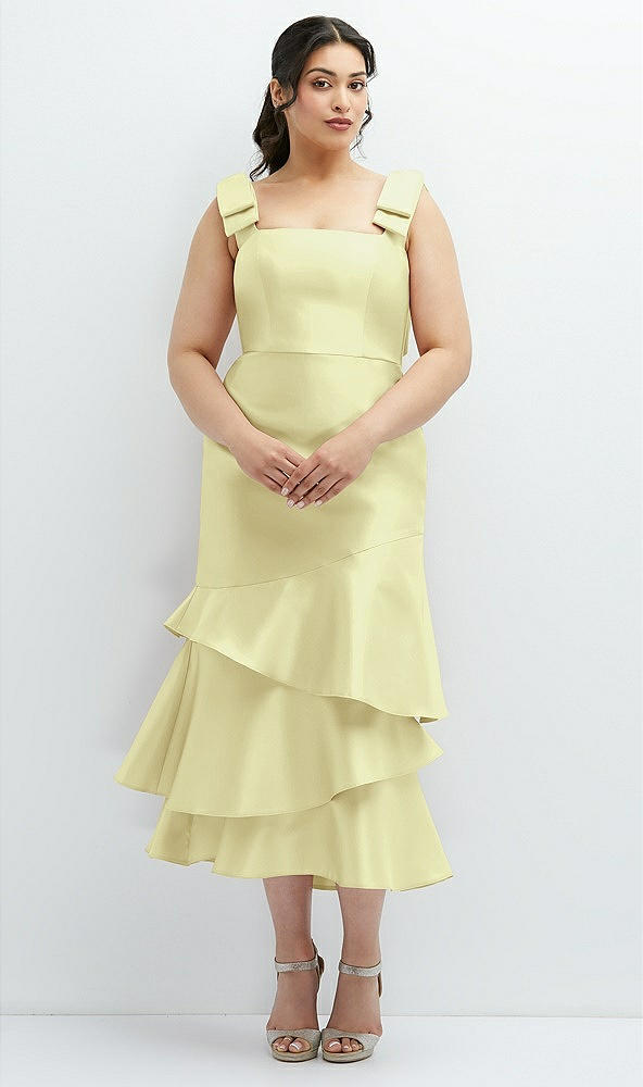 Back View - Butter Yellow Bow-Shoulder Satin Midi Dress with Asymmetrical Tiered Skirt