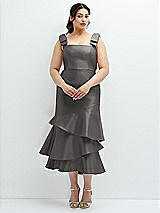 Rear View Thumbnail - Caviar Gray Bow-Shoulder Satin Midi Dress with Asymmetrical Tiered Skirt