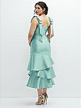 Front View Thumbnail - Coastal Bow-Shoulder Satin Midi Dress with Asymmetrical Tiered Skirt