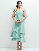 Rear View Thumbnail - Coastal Bow-Shoulder Satin Midi Dress with Asymmetrical Tiered Skirt