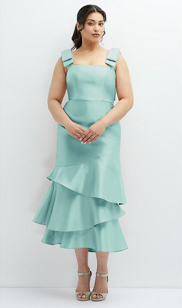 Back View - Coastal Bow-Shoulder Satin Midi Dress with Asymmetrical Tiered Skirt