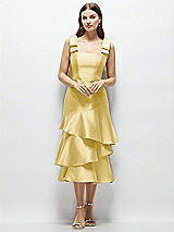 Alt View 1 Thumbnail - Maize Bow-Shoulder Satin Midi Dress with Asymmetrical Tiered Skirt