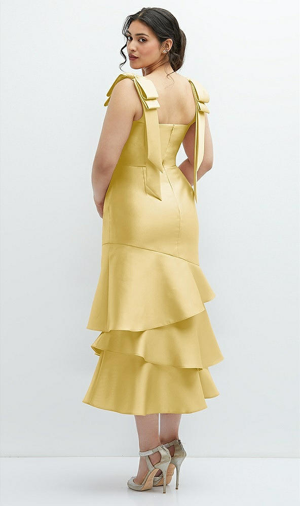 Front View - Maize Bow-Shoulder Satin Midi Dress with Asymmetrical Tiered Skirt