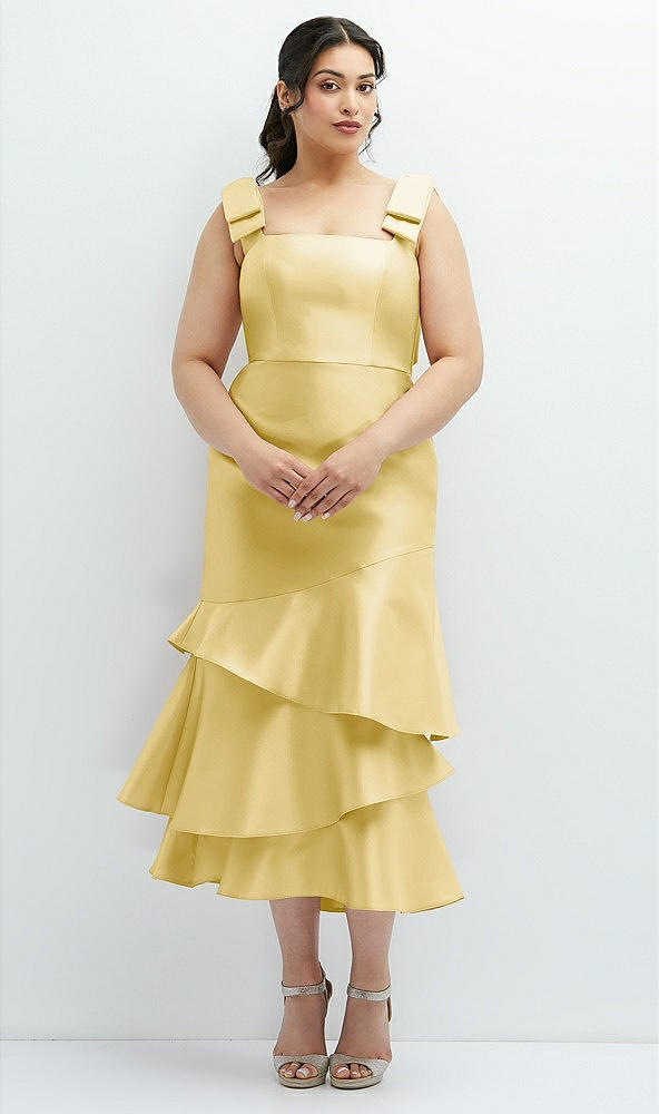 Back View - Maize Bow-Shoulder Satin Midi Dress with Asymmetrical Tiered Skirt